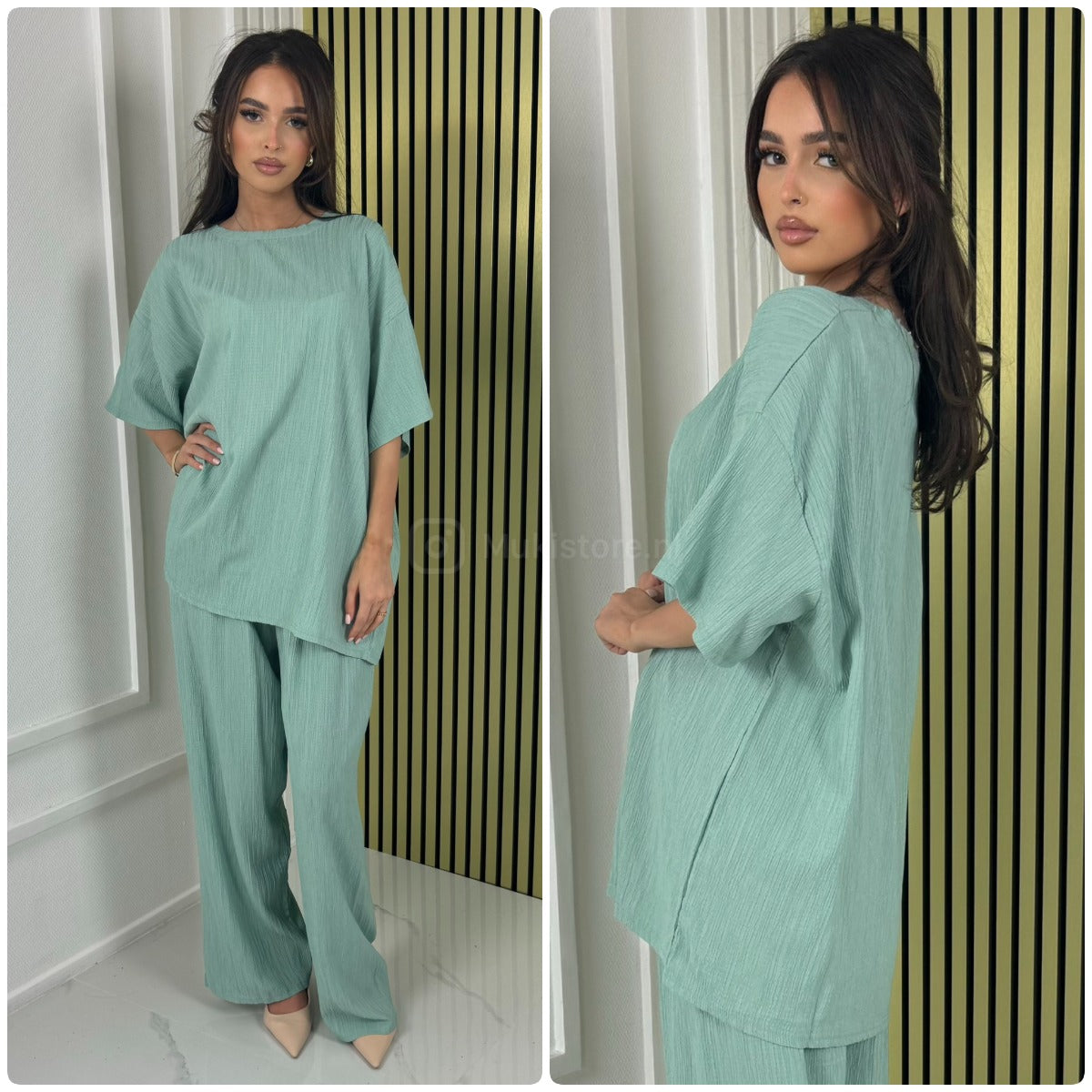 Half Sleeves Stripe Material Basic Wide Leg Set