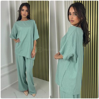 Half Sleeves Stripe Material Basic Wide Leg Set