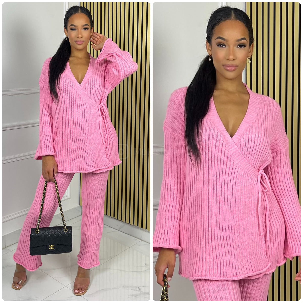 Knitwear Wrap Cardigan Wide Leg Set 15415