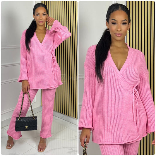 Knitwear Wrap Cardigan Wide Leg Set 15415