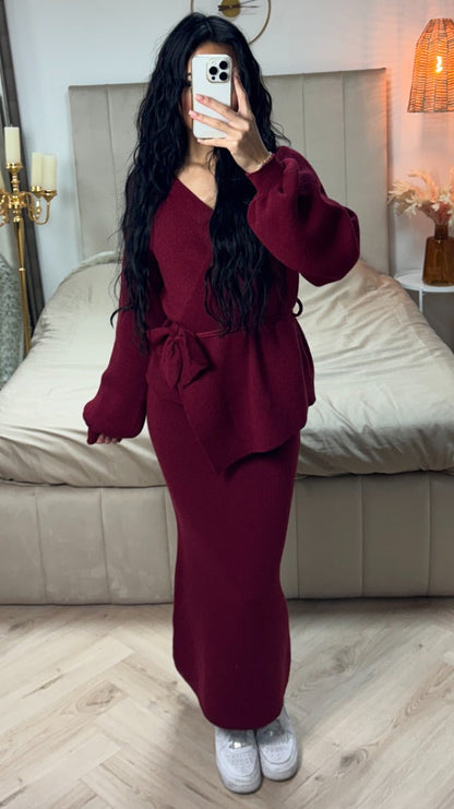 Knitwear V Neck Tie Belt Skirt Set