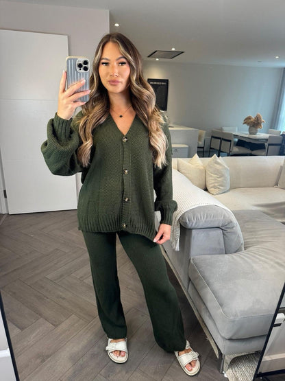 Knitwear V Neck Four Button Wide Leg Set