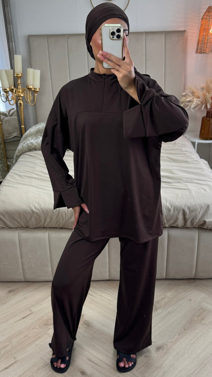 Zipper Essential Burkini Split Sleeve with Detail – Includes Hijab - Tie Belt