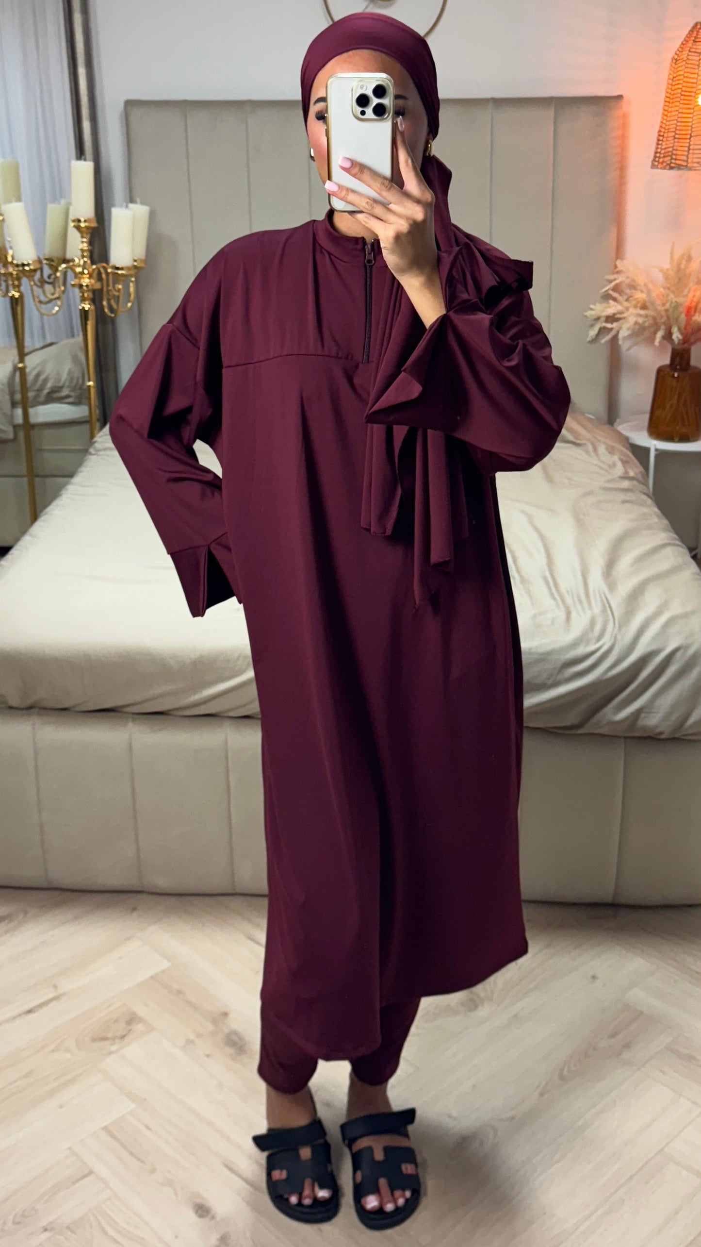 Burkini Set with Zipper and Slit Sleeves – Includes Hijab
