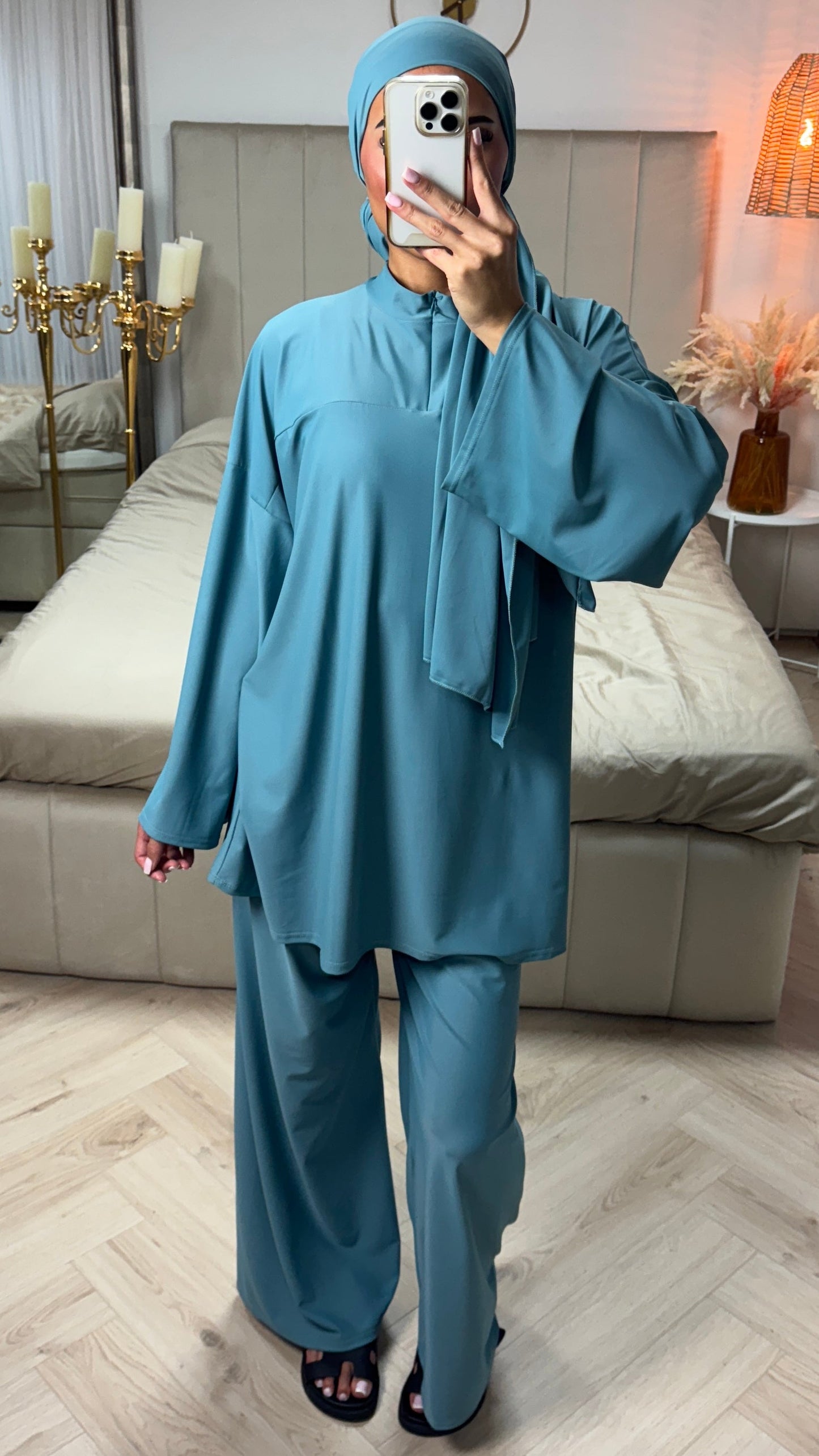 Burkini Set with Zipper and Wide Sleeves – With Matching Hijab/Belt