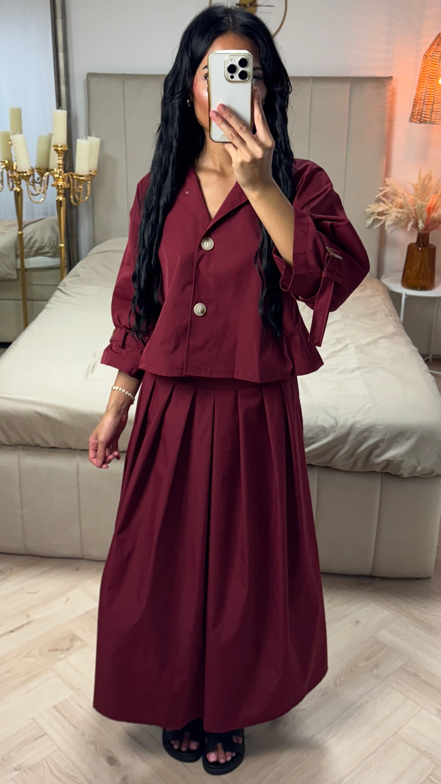 Cropped Set with Pleated Skirt & Tie Detail Sleeves