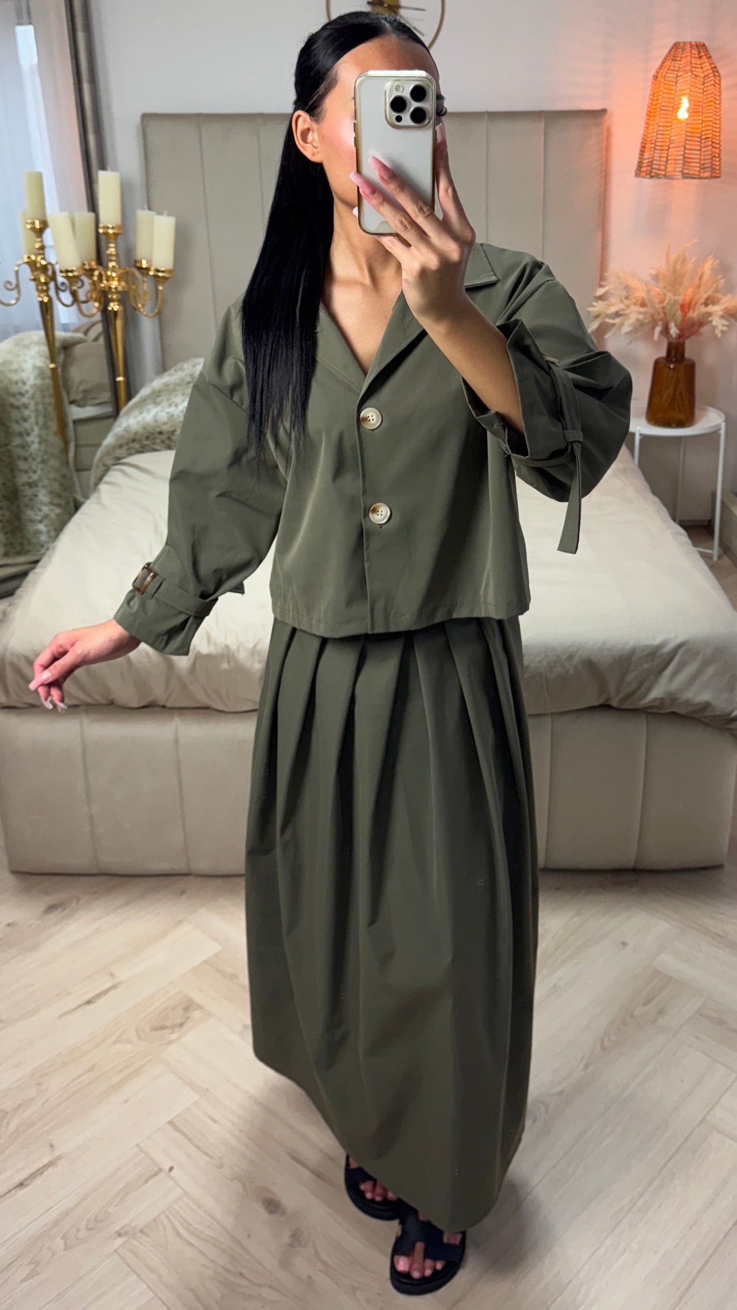 Cropped Set with Pleated Skirt & Tie Detail Sleeves