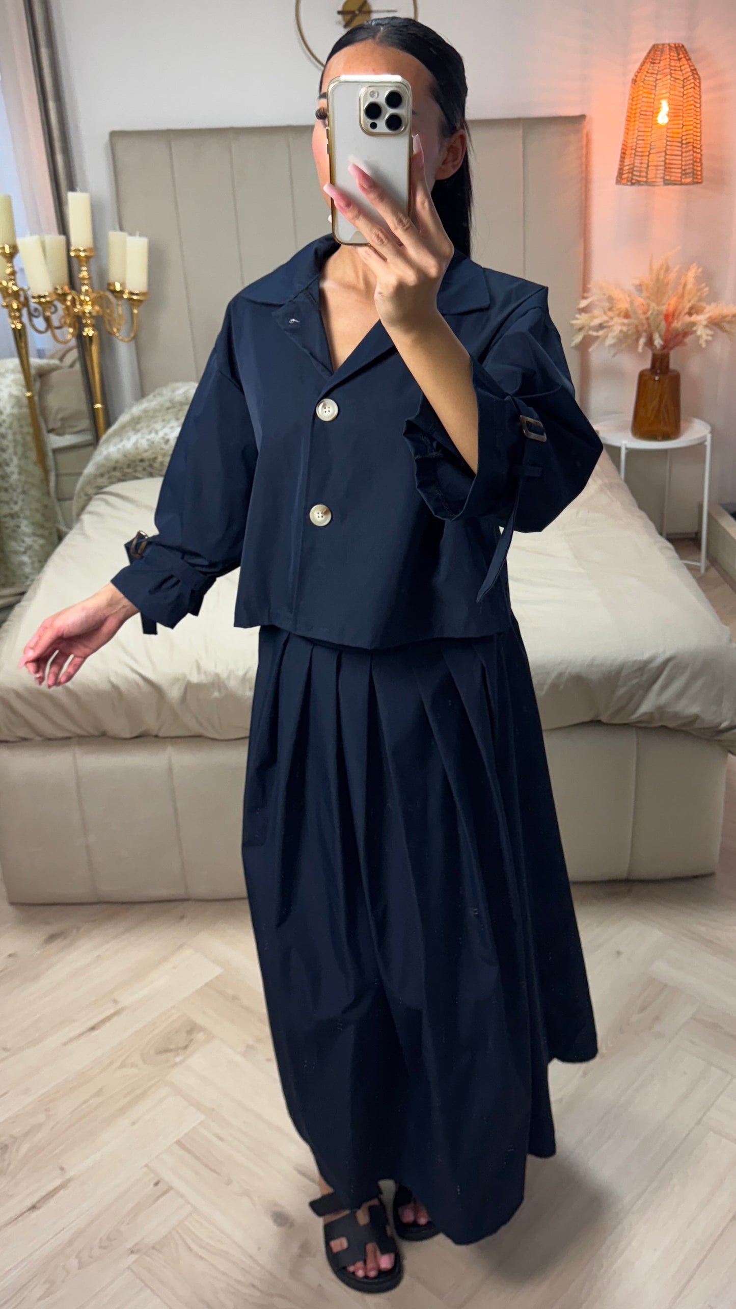 Cropped Set with Pleated Skirt & Tie Detail Sleeves