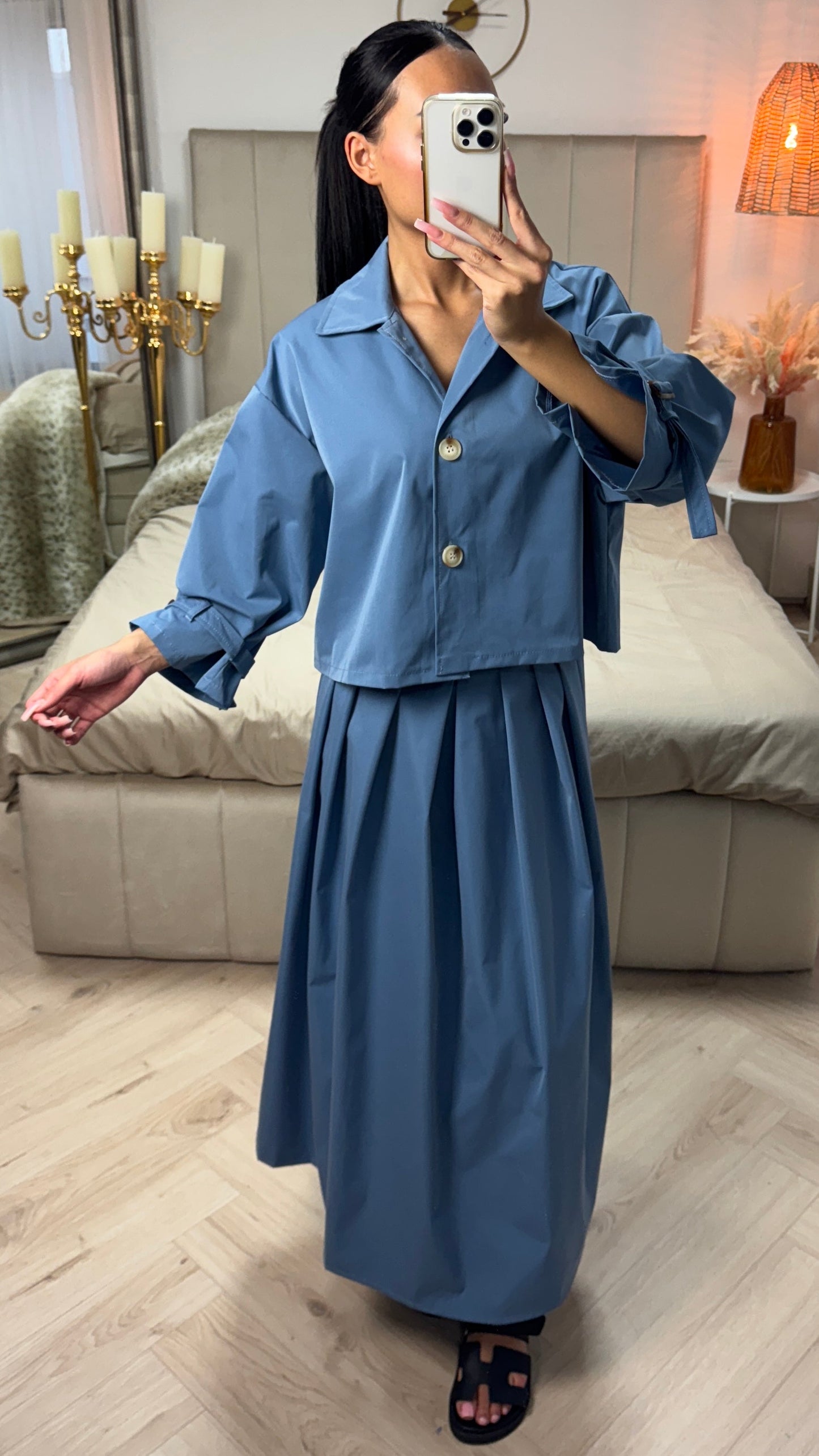 Cropped Set with Pleated Skirt & Tie Detail Sleeves