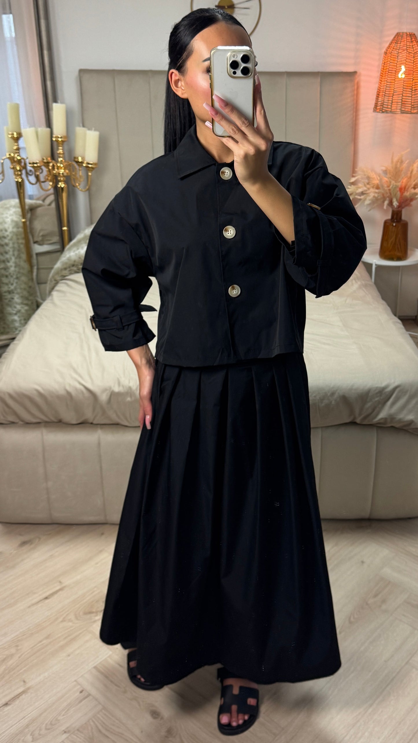 Cropped Set with Pleated Skirt & Tie Detail Sleeves