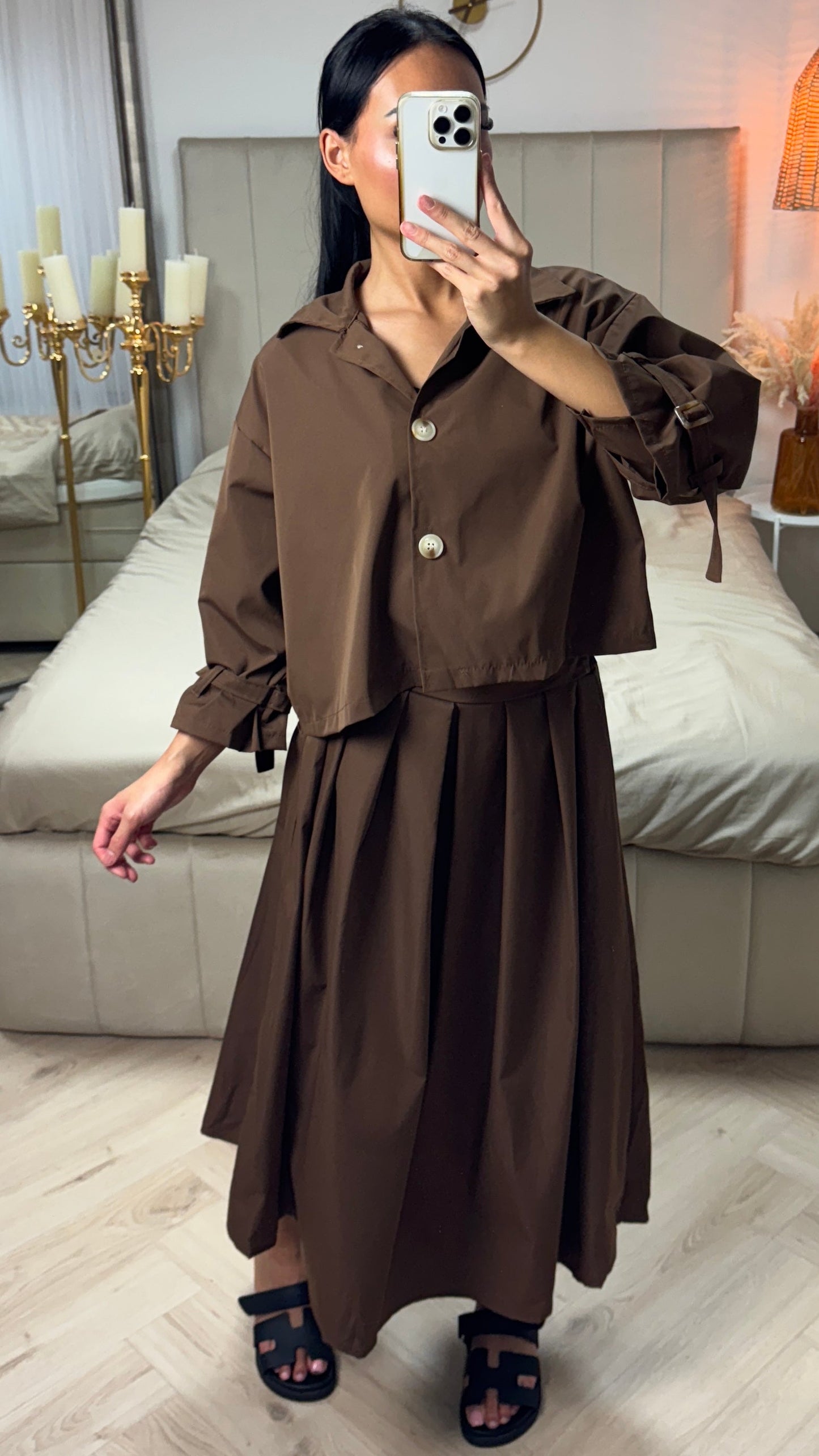 Cropped Set with Pleated Skirt & Tie Detail Sleeves