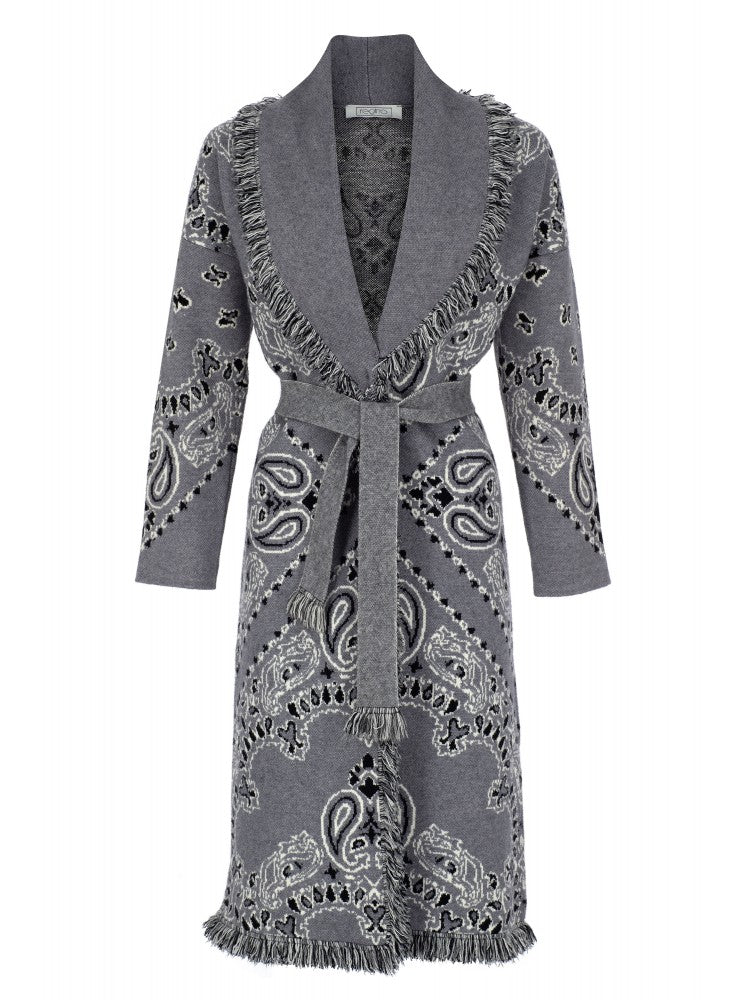 Grey Paisley - Print Fringe - Trimmed Belted Coat