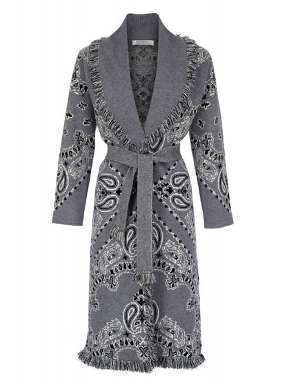 Grey Paisley - Print Fringe - Trimmed Belted Coat