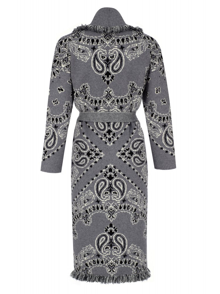 Grey Paisley - Print Fringe - Trimmed Belted Coat