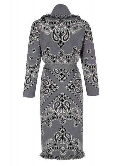 Grey Paisley - Print Fringe - Trimmed Belted Coat
