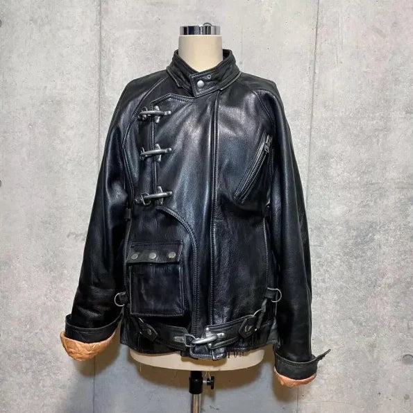 Black Leather Biker Jacket with Buckle Detailing
