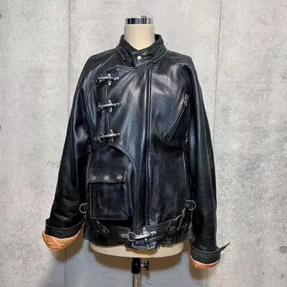 Black Leather Biker Jacket with Buckle Detailing