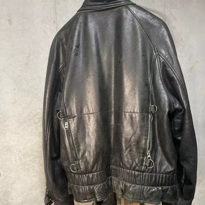 Black Leather Biker Jacket with Buckle Detailing