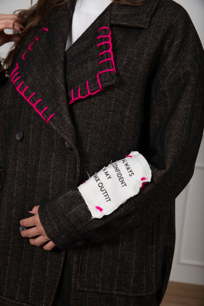 Slogan Patch Herringbone Coat