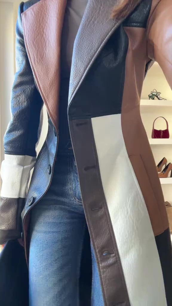 Color Blocked Leather Trench Coat
