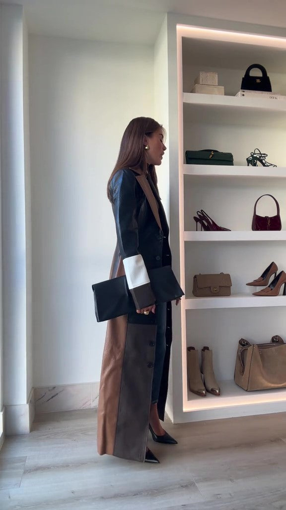 Color Blocked Leather Trench Coat