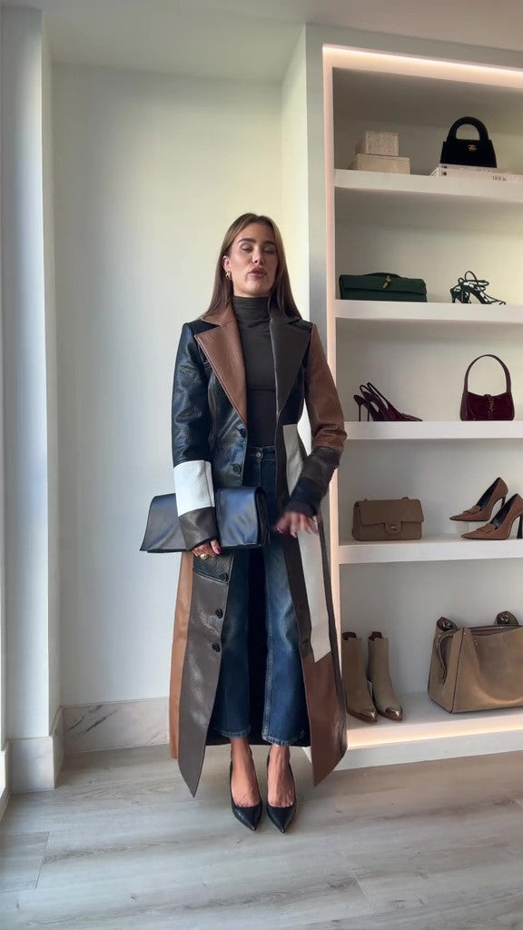 Color Blocked Leather Trench Coat
