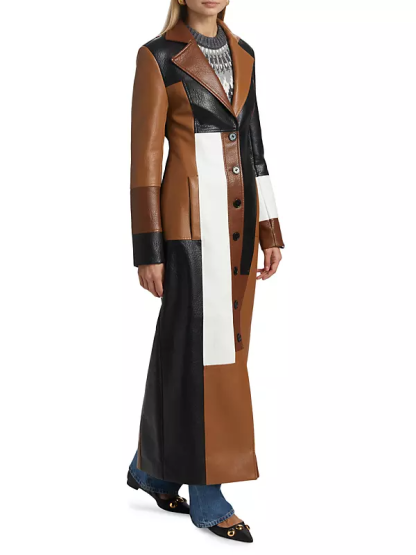 Color Blocked Leather Trench Coat