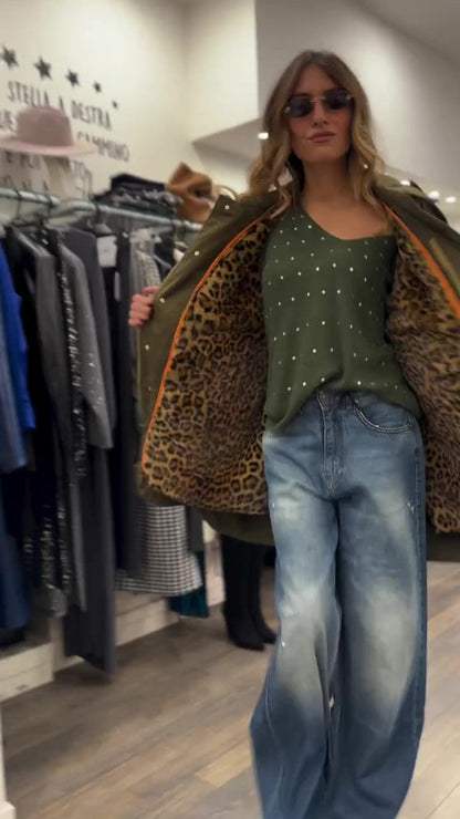 Fashion casual embroidered jacket withleopard print lining