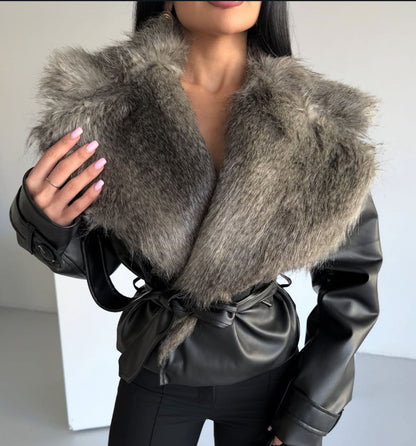Fur Details Premium Leather Jacket