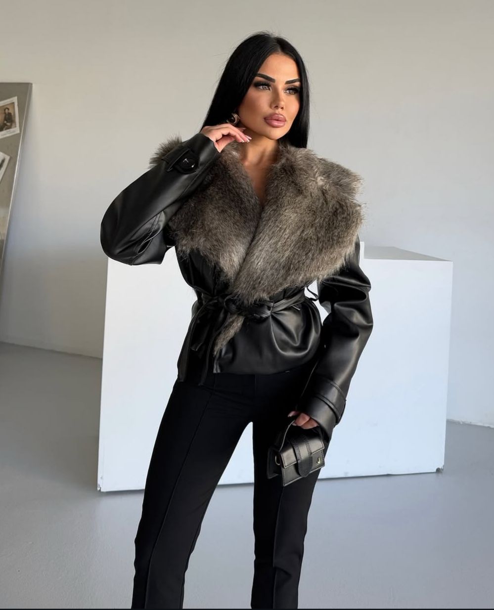 Fur Details Premium Leather Jacket