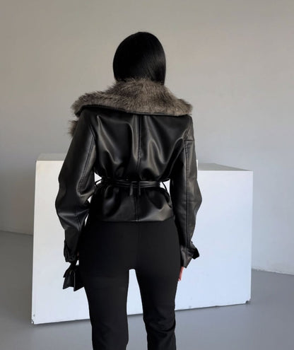 Fur Details Premium Leather Jacket