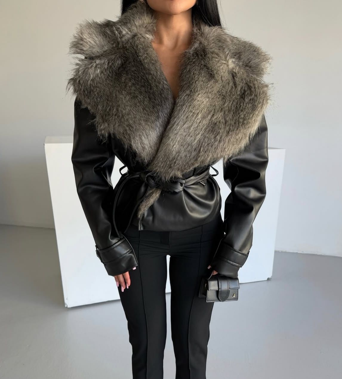 Fur Details Premium Leather Jacket