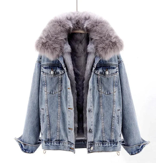 Light blue fur-lined hooded denim jacket