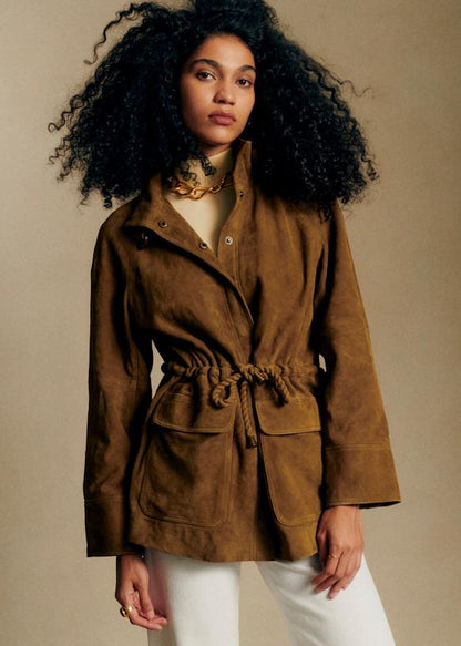 Drawstring Waist Suede Utility Jacket