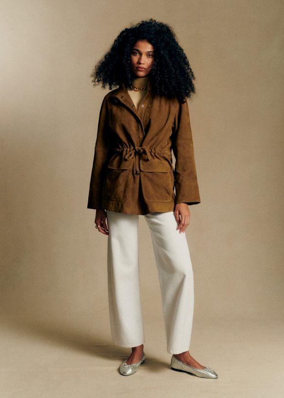 Drawstring Waist Suede Utility Jacket