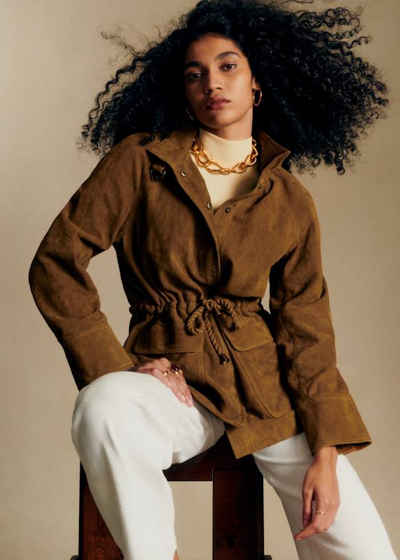 Drawstring Waist Suede Utility Jacket