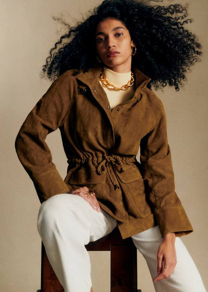 Drawstring Waist Suede Utility Jacket