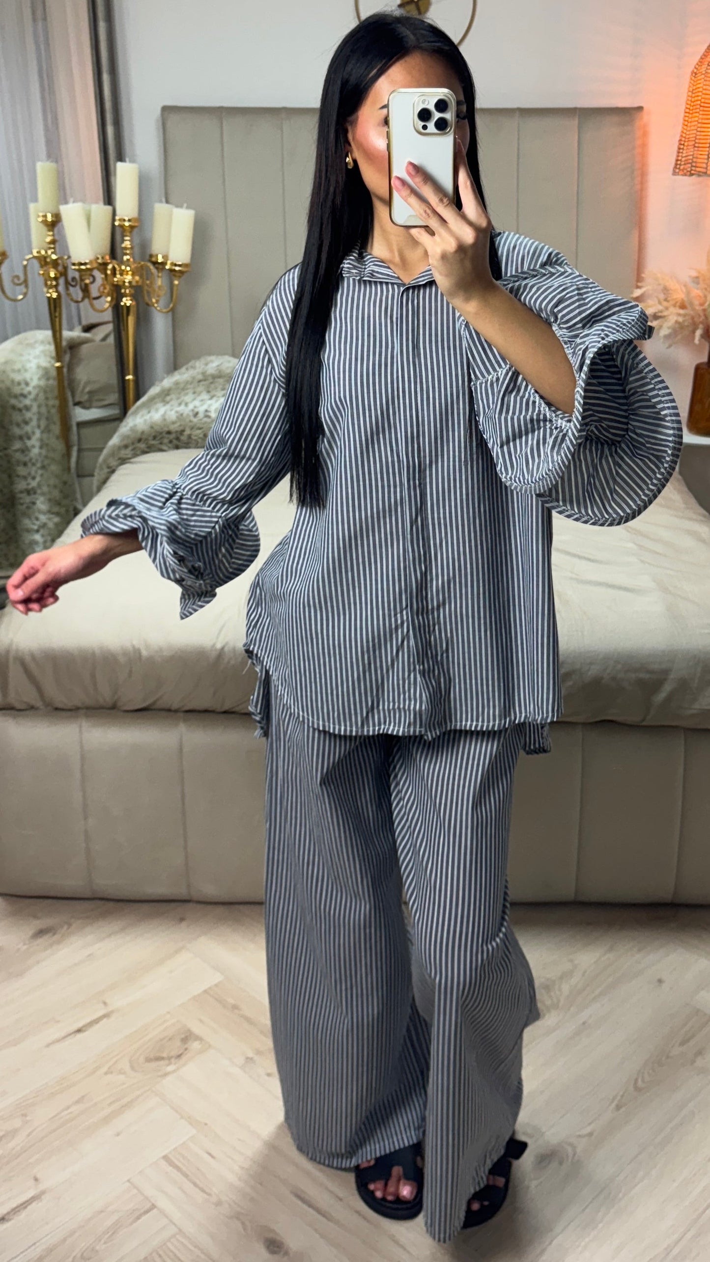 Striped Cotton Set with Ruffled Sleeves