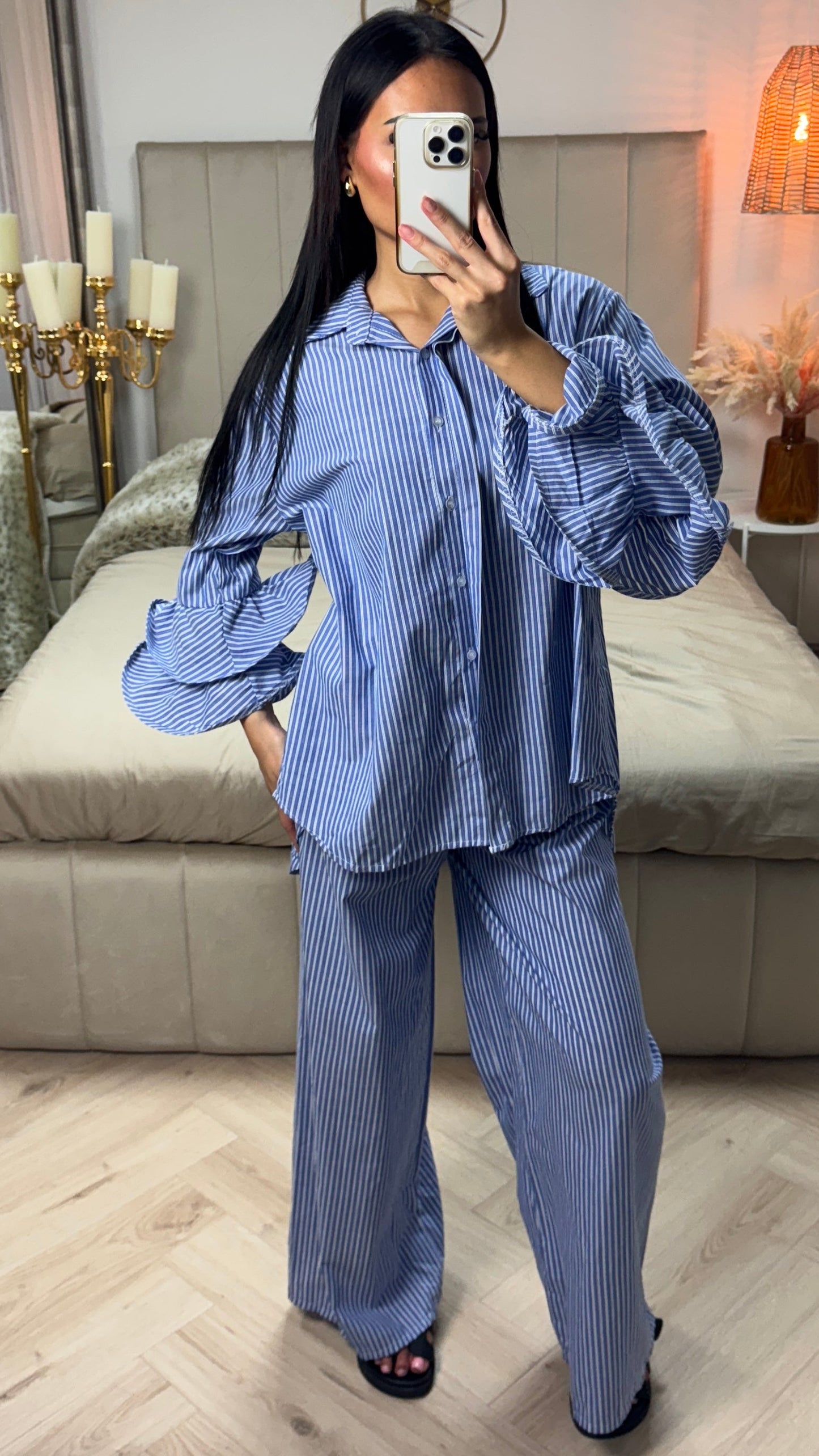 Striped Cotton Set with Ruffled Sleeves