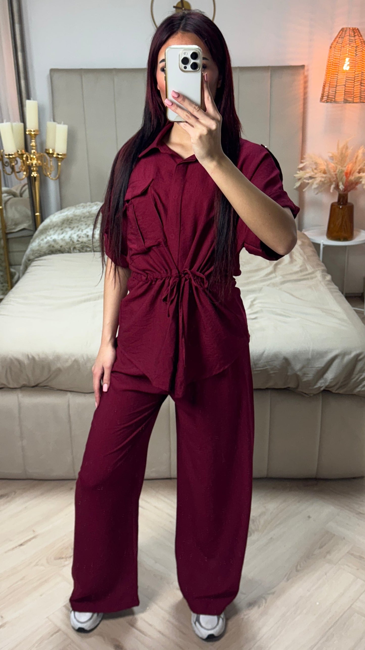 Integrated Waist Tie Belt Golden Button Shoulder Detail