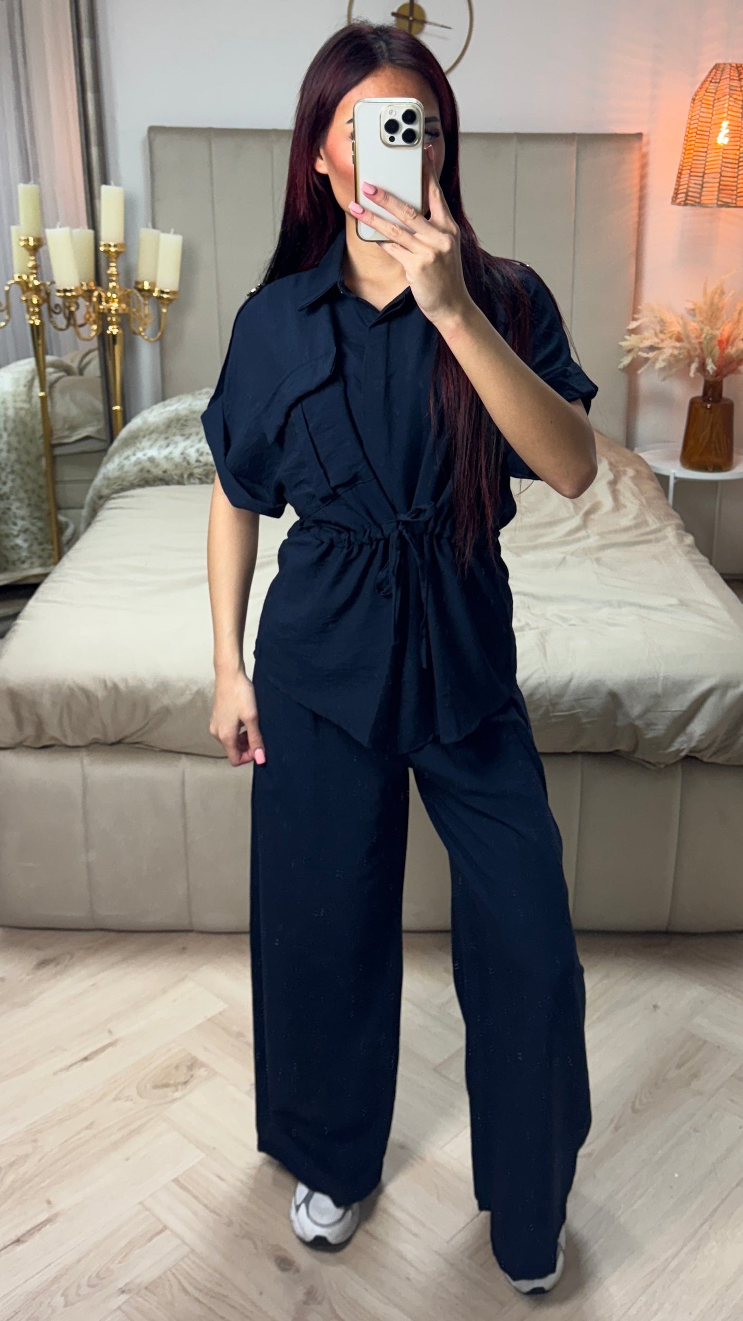 Integrated Waist Tie Belt Golden Button Shoulder Detail