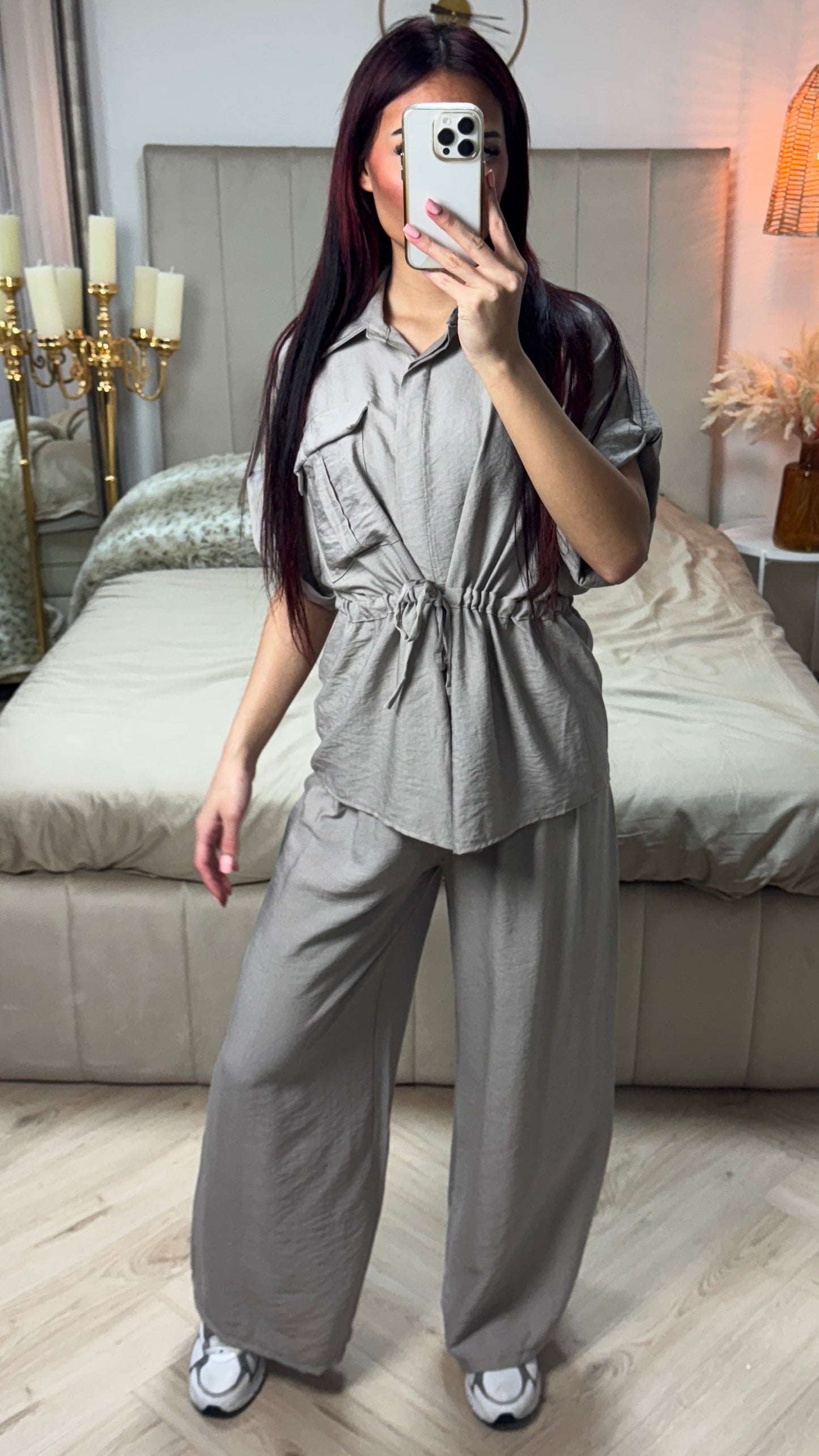 Integrated Waist Tie Belt Golden Button Shoulder Detail