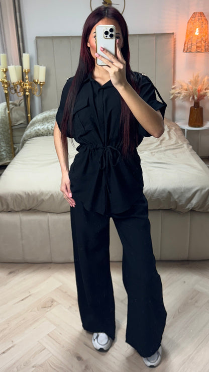 Integrated Waist Tie Belt Golden Button Shoulder Detail