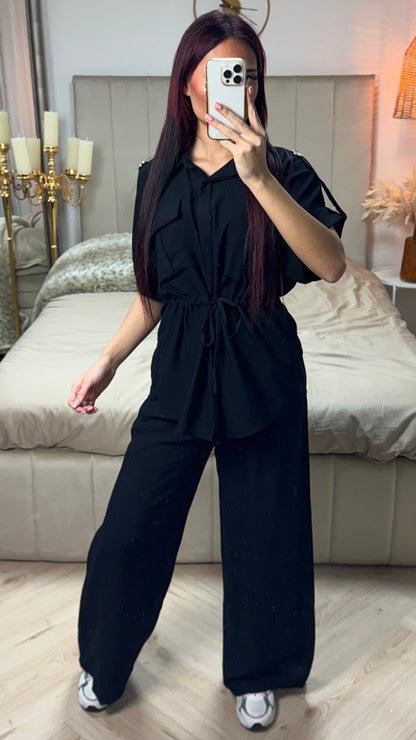 Integrated Waist Tie Belt Golden Button Shoulder Detail