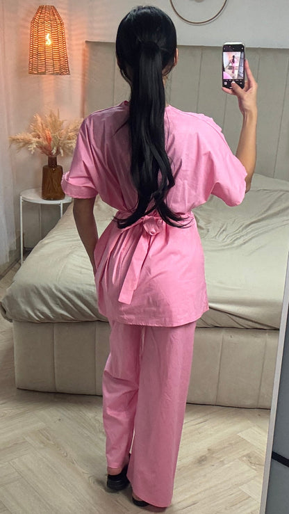 Cotton Set with Waist Accent and Wide Legs