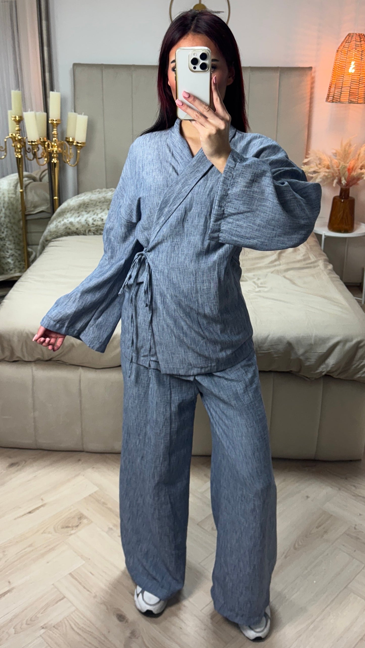 Linen Wrap Cardigan Set Tie Belt Detail