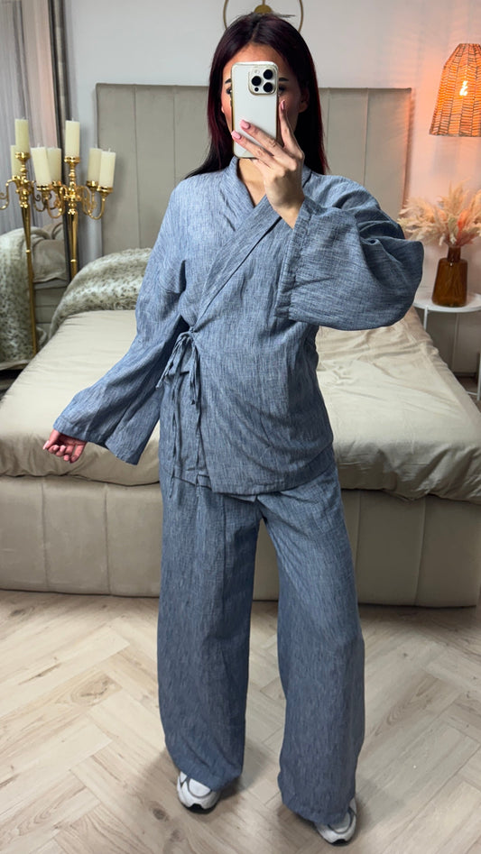 Linen Wrap Cardigan Set Tie Belt Detail