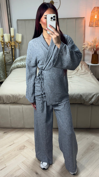 Linen Wrap Cardigan Set Tie Belt Detail