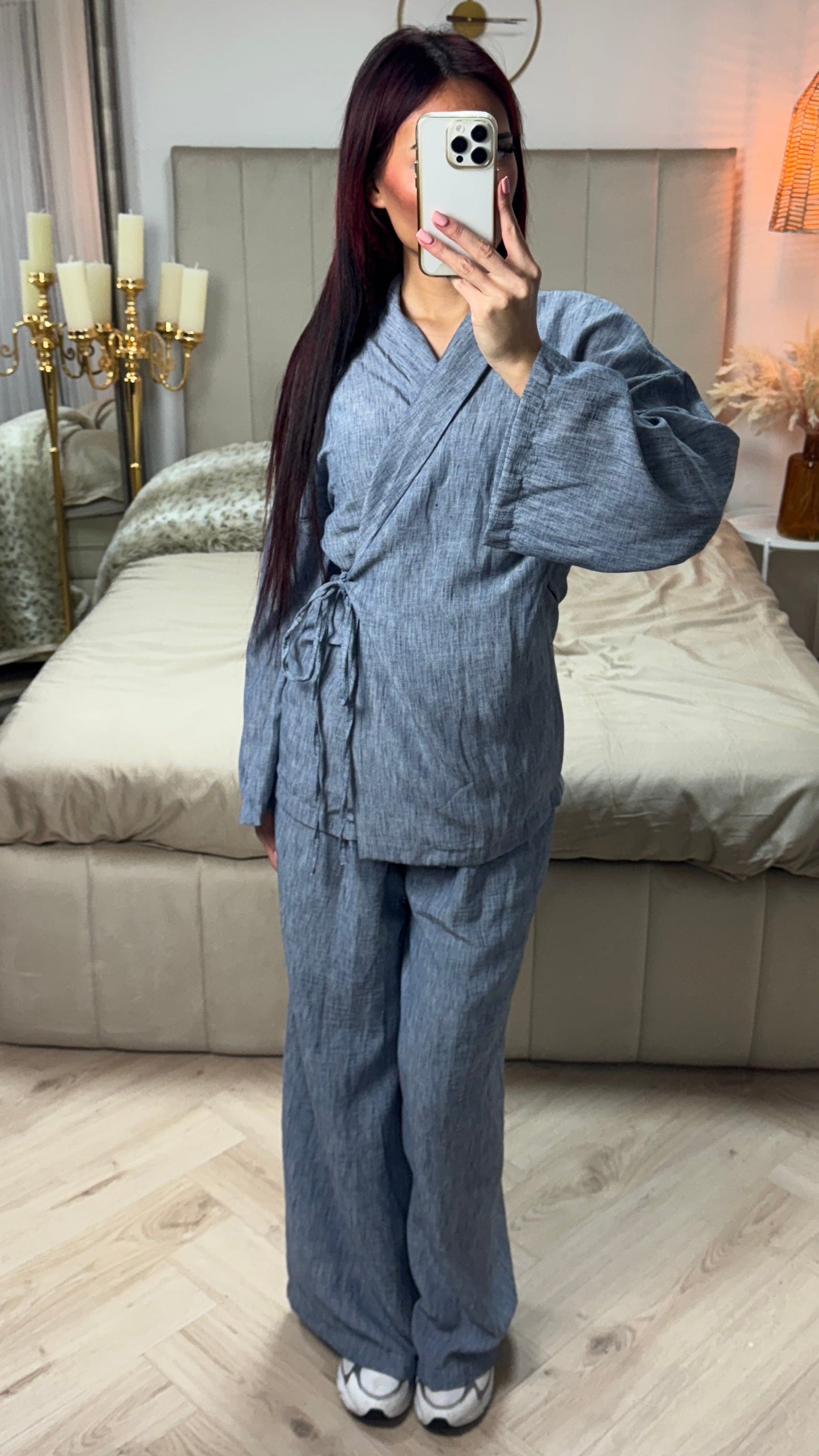 Linen Wrap Cardigan Set Tie Belt Detail