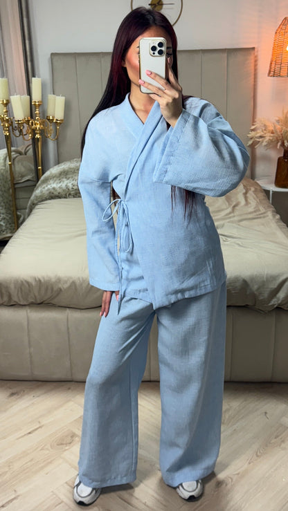 Linen Wrap Cardigan Set Tie Belt Detail